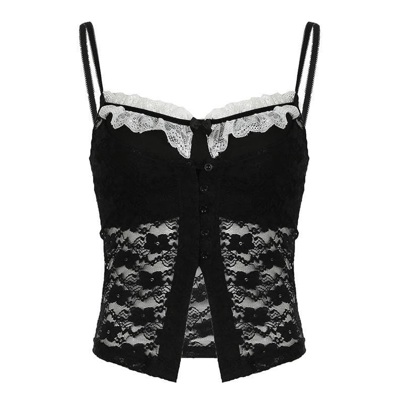 Lace backless button bowknot cami top