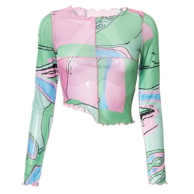 Ruffled see through patchwork irregular long sleeve crop top