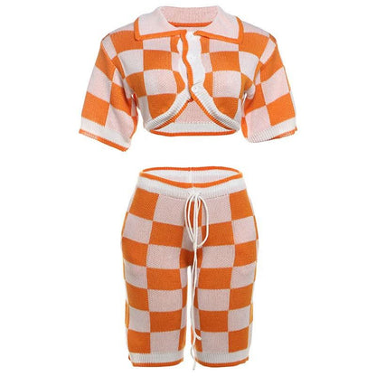 Turnover collar button drawstring plaid knitted pant set