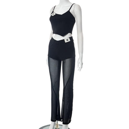 Mesh patchwork letter pattern cami pant set