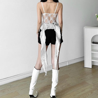 Mesh embroidery ruffle backless cami top