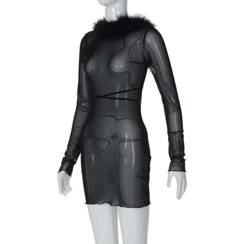 Long sleeve sheer mesh feather ruffle backless mini dress
