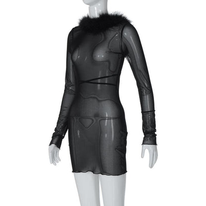 Long sleeve sheer mesh feather ruffle backless mini dress