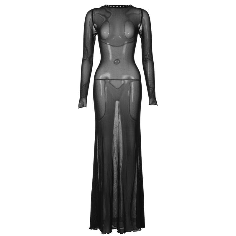 Studded Crew Neck Body Print Sheer Mesh Long Sleeve Maxi Dress