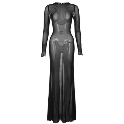 Studded Crew Neck Body Print Sheer Mesh Long Sleeve Maxi Dress
