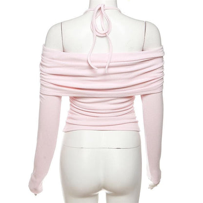 Ruched lace off shoulder halter long sleeve irregular top