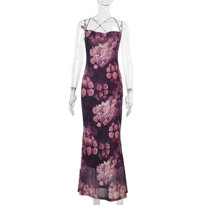 Cross back square neck flower print spaghetti strap maxi dress