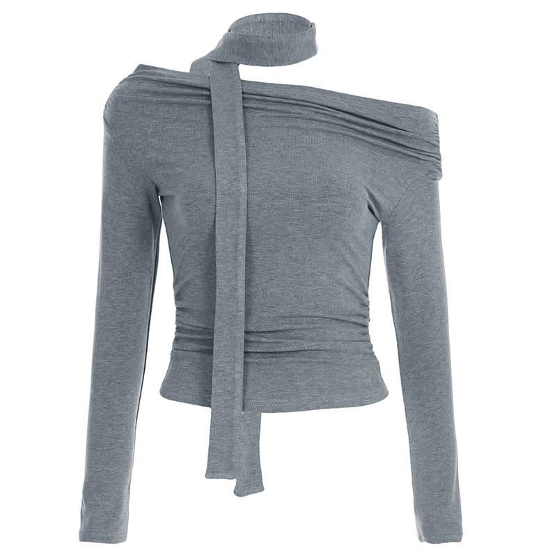 Off shoulder long sleeve ruched solid top