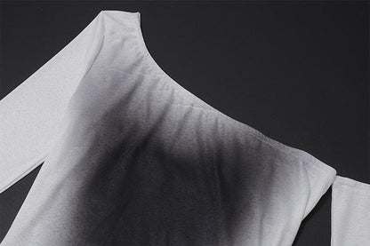 Long sleeve one shoulder ruched palm print gradient slit maxi dress- Final Sale