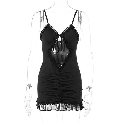 Ruffle hollow out ruched backless cami cut out mini dress
