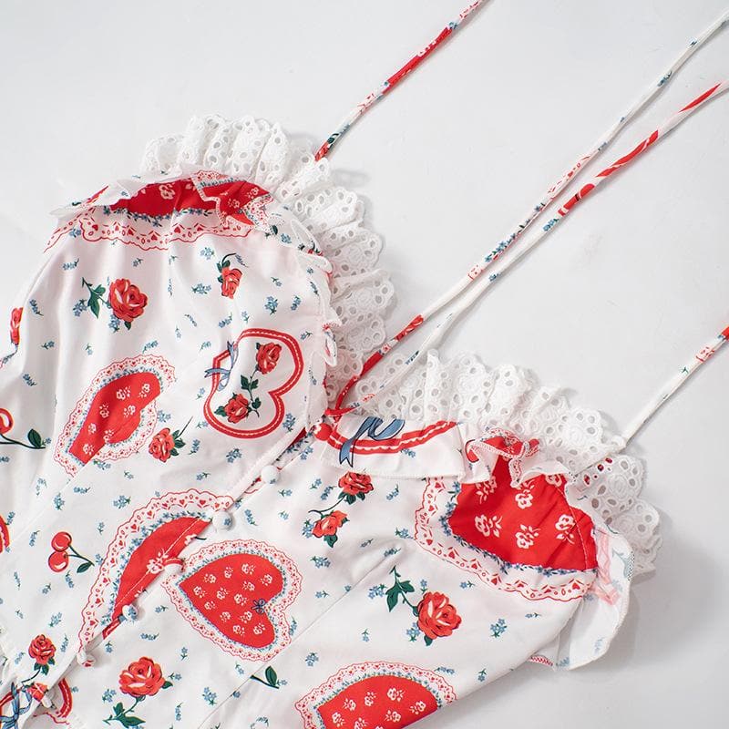 Halter lace hem print ruffle button top