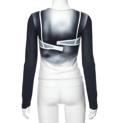 Long sleeve body print gradient crewneck contrast top