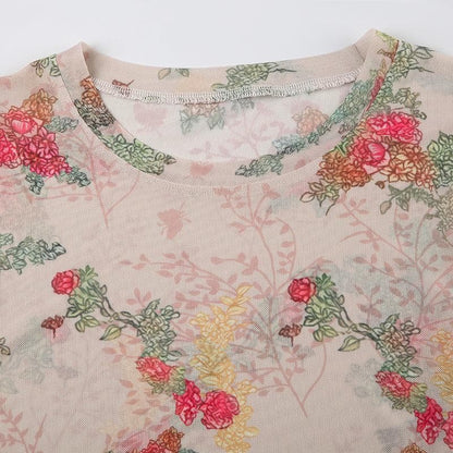 Short sleeve flower print ruffle sheer mesh top