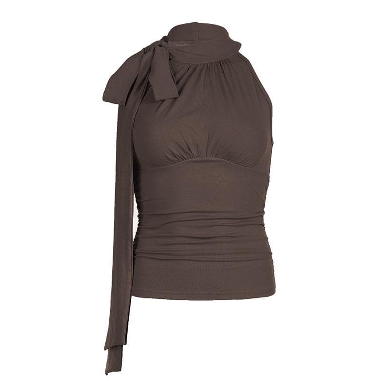 Sleeveless high neck knotted ruched top