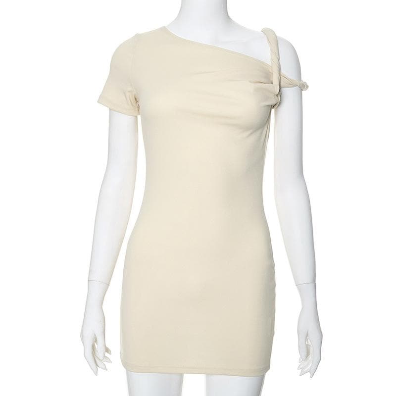 Short sleeve one shoulder ruched solid mini dress