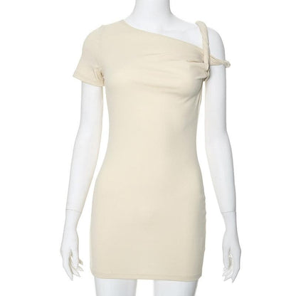 Short sleeve one shoulder ruched solid mini dress