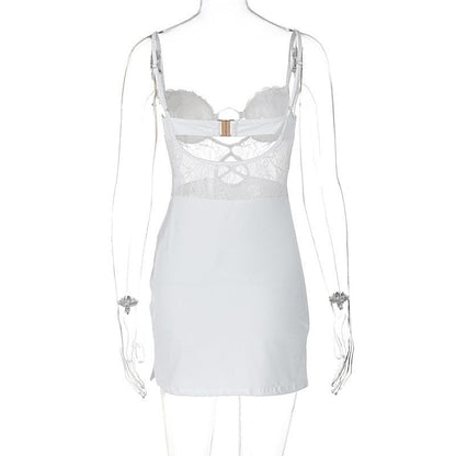 O ring lace ruched button backless cami mini dress