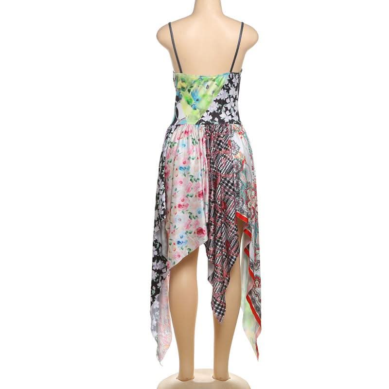 Cowl neck patchwork irregular midi dress