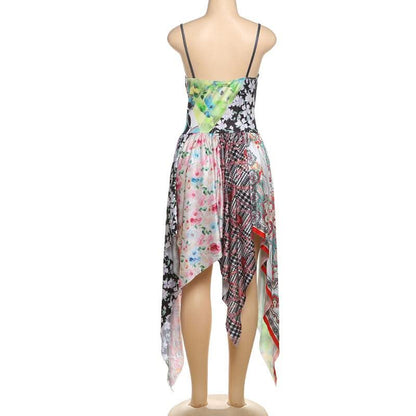Cowl neck patchwork irregular midi dress