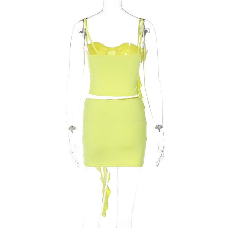 Flower applique solid ruffle ribbon cami mini skirt set-final-sale