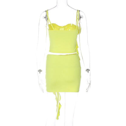 Flower applique solid ruffle ribbon cami mini skirt set-final-sale