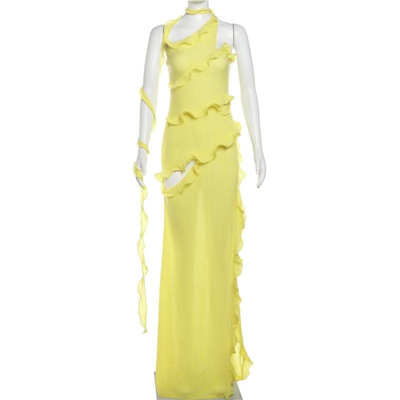 One shoulder ruffle irregular high slit maxi dress-final-sale