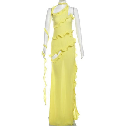 One shoulder ruffle irregular high slit maxi dress-final-sale