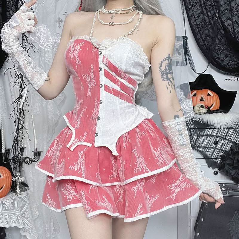 Ruffle lace patchwork mini skirt