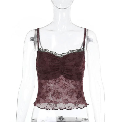 Lace hem ruched flower pattern mesh cami top