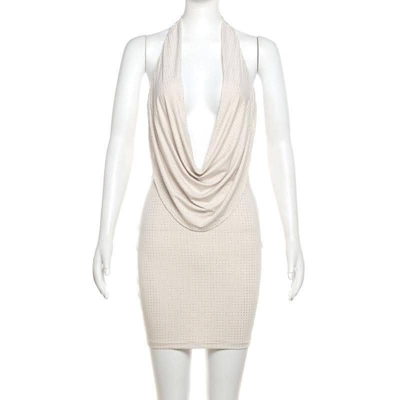 Halter cowl neck beaded low cut mini dress-final-sale