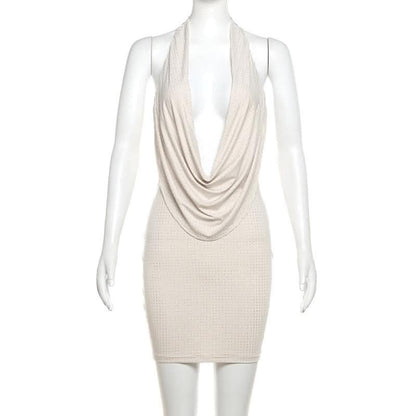 Halter cowl neck beaded low cut mini dress-final-sale