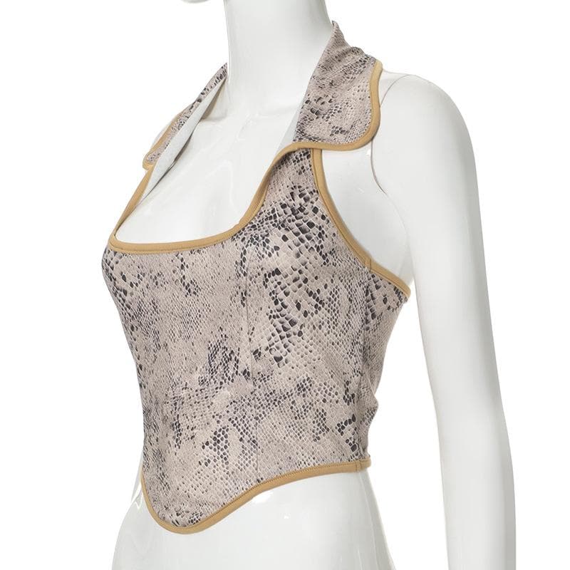 Turnover collar halter snakeskin print top