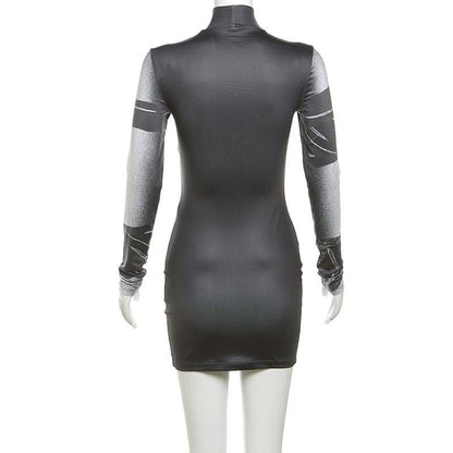 Long sleeve body print high neck mini dress