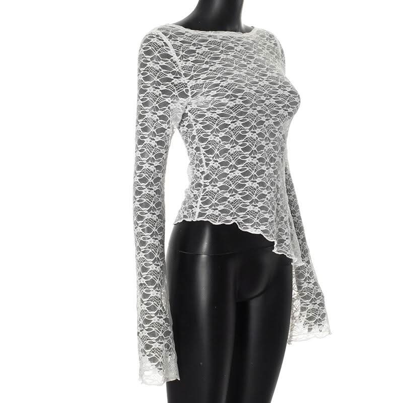 Irregular long sleeve lace see through solid top