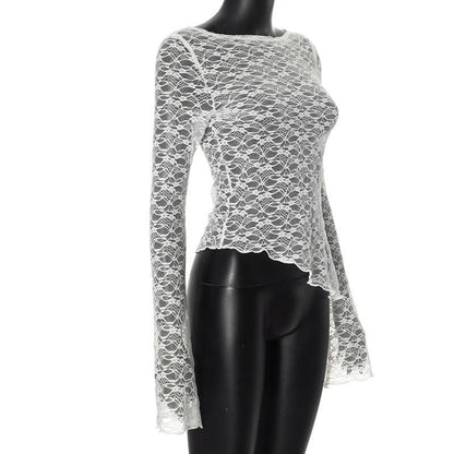 Irregular long sleeve lace see through solid top