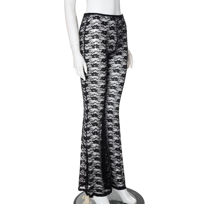 Lace see through solid stitch medium rise pant