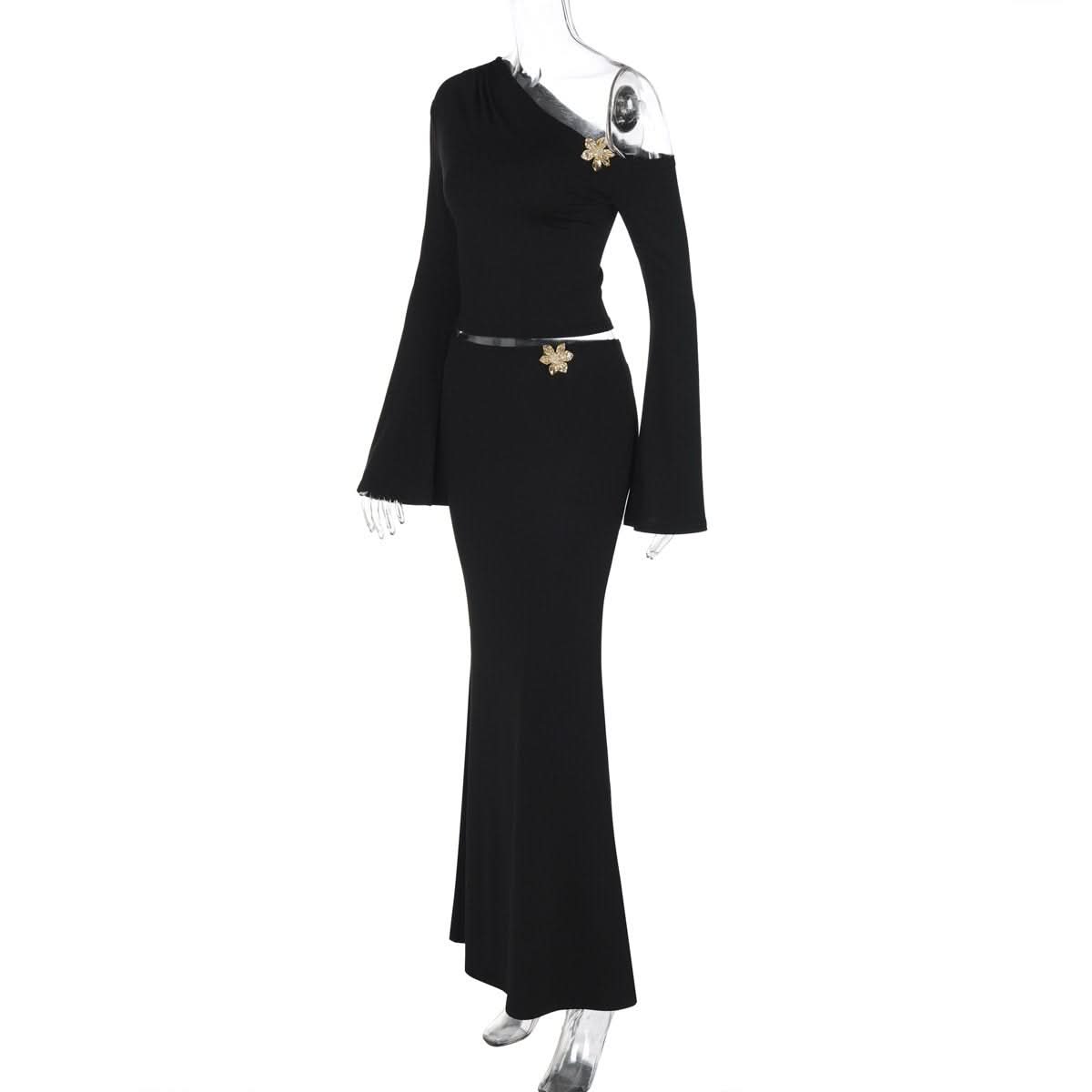 One shoulder long sleeve flower applique maxi skirt set