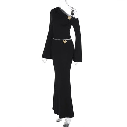 One shoulder long sleeve flower applique maxi skirt set