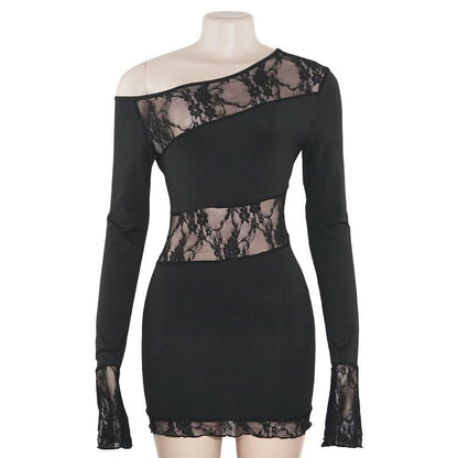 Long sleeve lace irregular one shoulder mini dress
