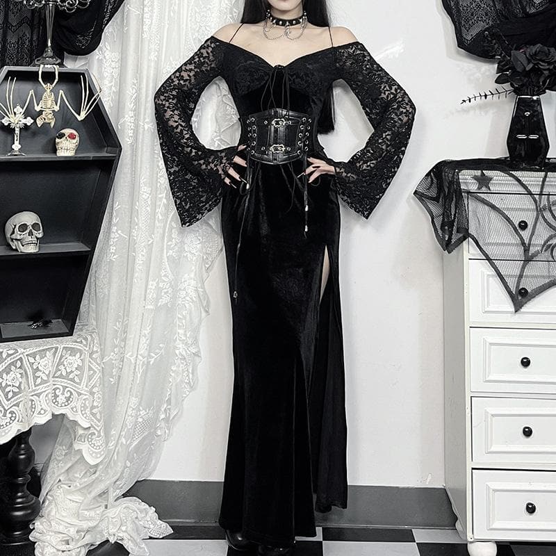 Long sleeve off shoulder velvet slit maxi dress