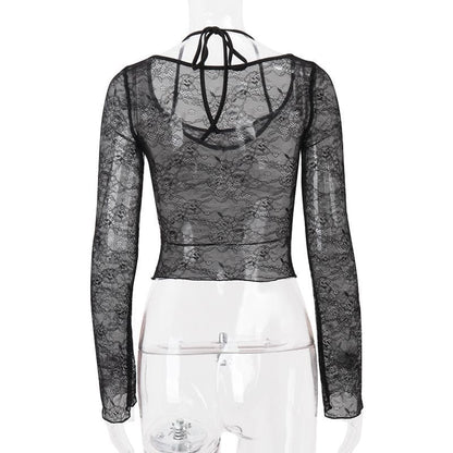 Long sleeve halter lace ruched see through top