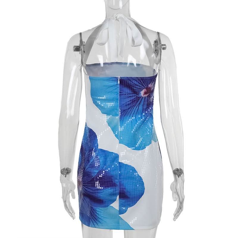 Halter flower print zip-up mini dress