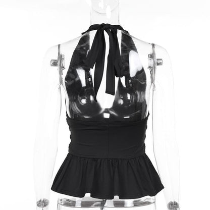 Halter deep v neck ruched ruffle rivet top