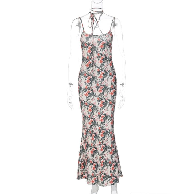 Floral Print Spaghetti Strap Scoop Neck Tie Neck Bodycon Maxi Dress