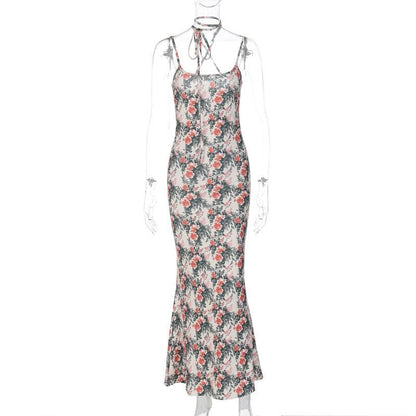 Floral Print Spaghetti Strap Scoop Neck Tie Neck Bodycon Maxi Dress