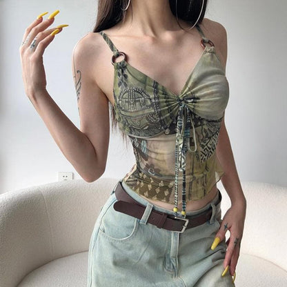 O ring ruched patchwork beaded mesh knotted cami top