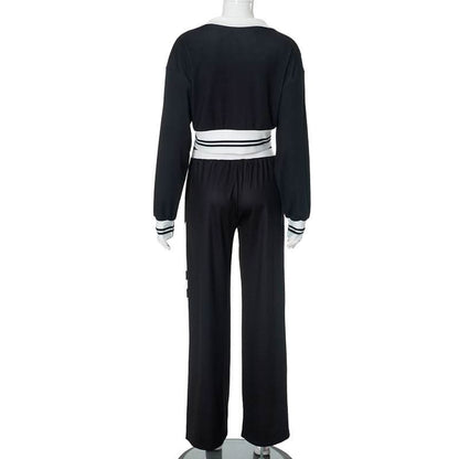 Turnover collar zip-up contrast sports pants set