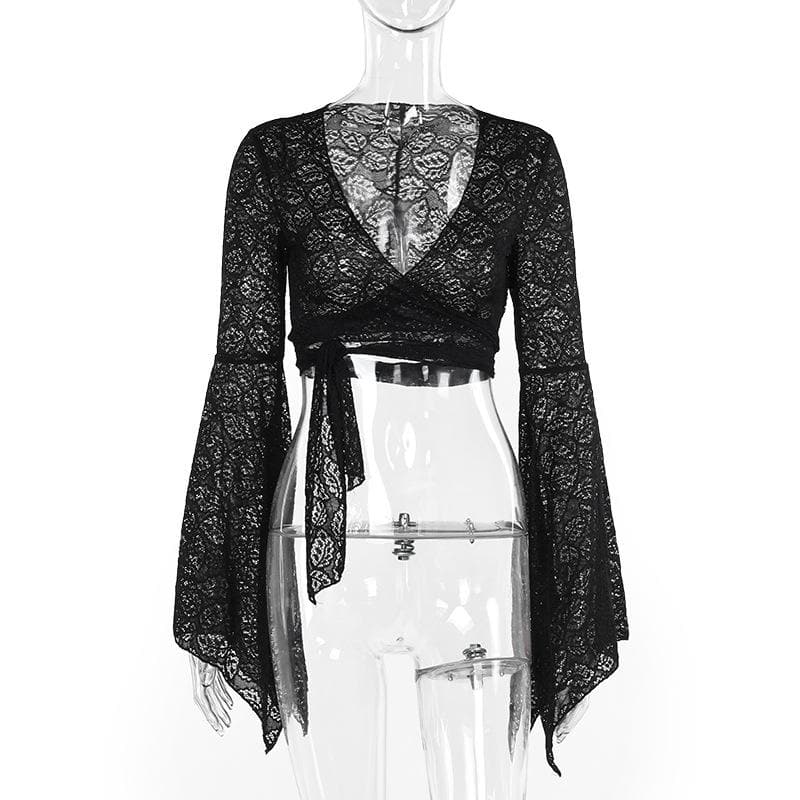 Flared sleeve v neck lace knotted top