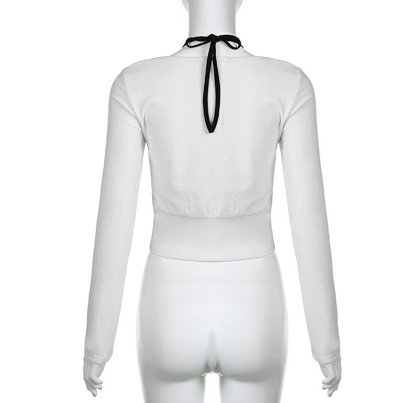 Long sleeve bowknot halter ruched 2 piece top