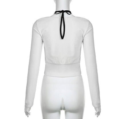 Long sleeve bowknot halter ruched 2 piece top